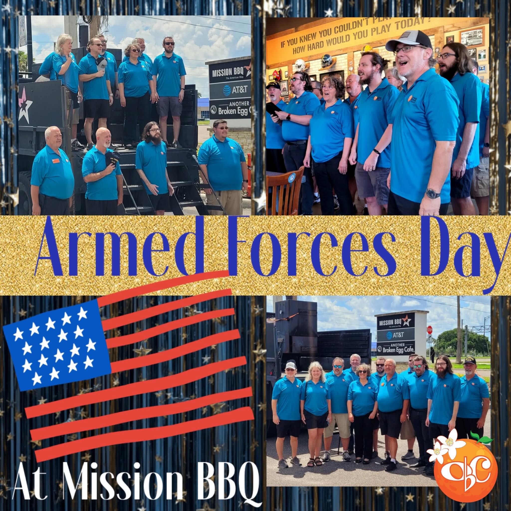 collage of a stylized American flag and three pictures of Orange Blossom Chorus singing at Mission BBQ